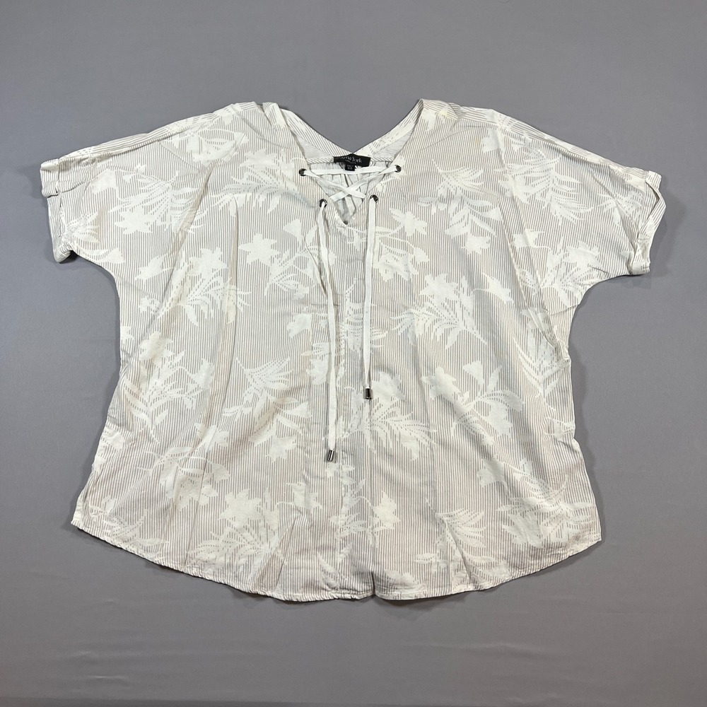 Arna York Blouse Top Womens 18/20 Beige Floral Print Lace Up V Neck Short Sleeve